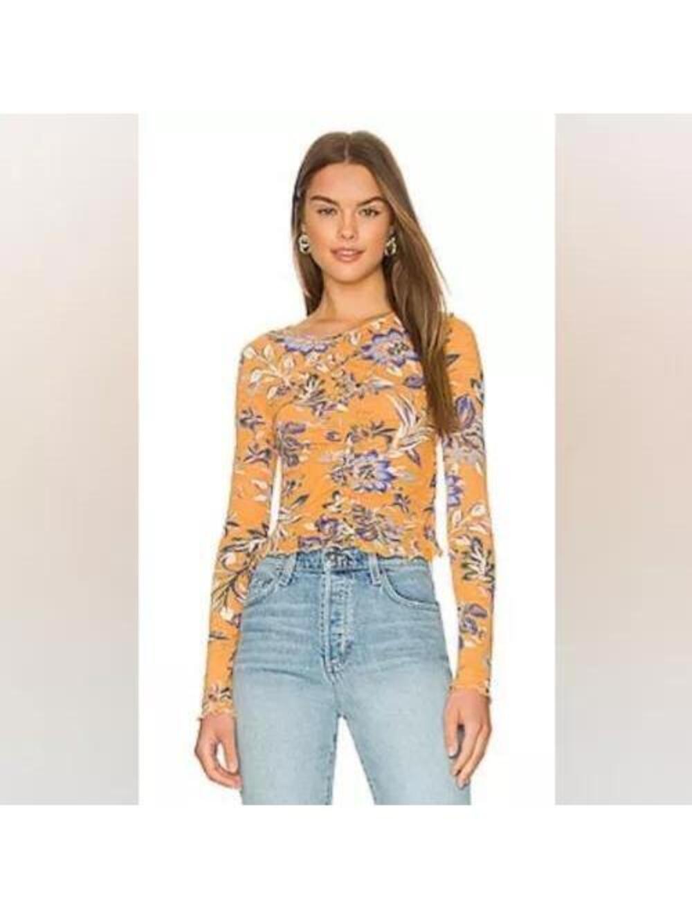 Free People Dreamed of You Floral Ruched Long Sleeve Top in Honey Combo size S